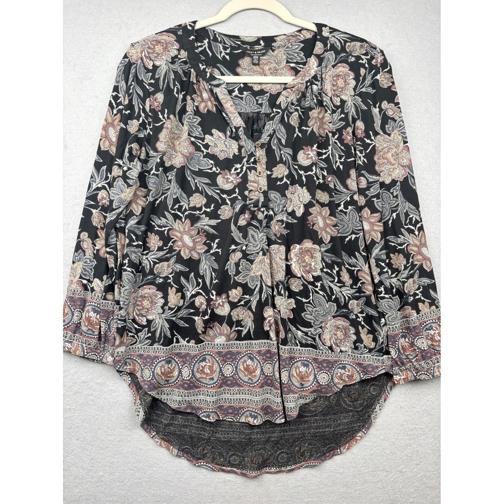 Lucky Brand Blouse Womens Medium Floral Henley High Low Boho Casual